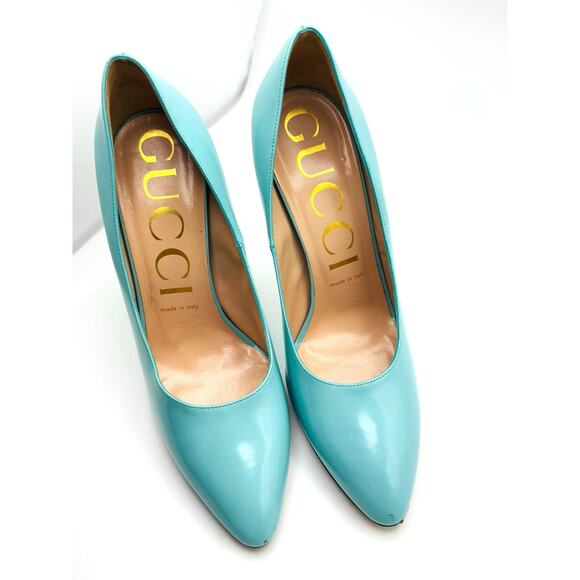 GUCCI GLOSSED-LEATHER PUMPS 110MM ELAISA LEATHER PUMPS IN Mint Green 39.5 - Picture 2 of 16